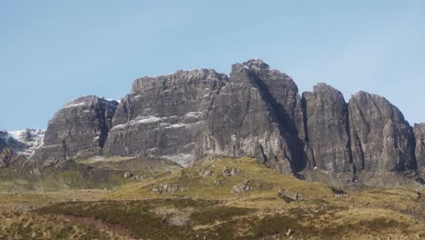 The-Trotternish-Ridge-displaying-it's-epic-rocky-formations-and-blue-skies-in-the-Isle-of-Skye