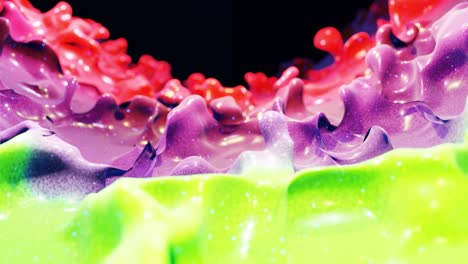 smooth abstract animation of liquid gradient rainbow color in 4k. bright glossy paint surface as abstract looped festive background. glitters on viscous liquid with 3d splashes on surface like drops.