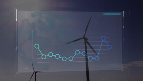 computer interface with data processing over windmills spinning against blue sky