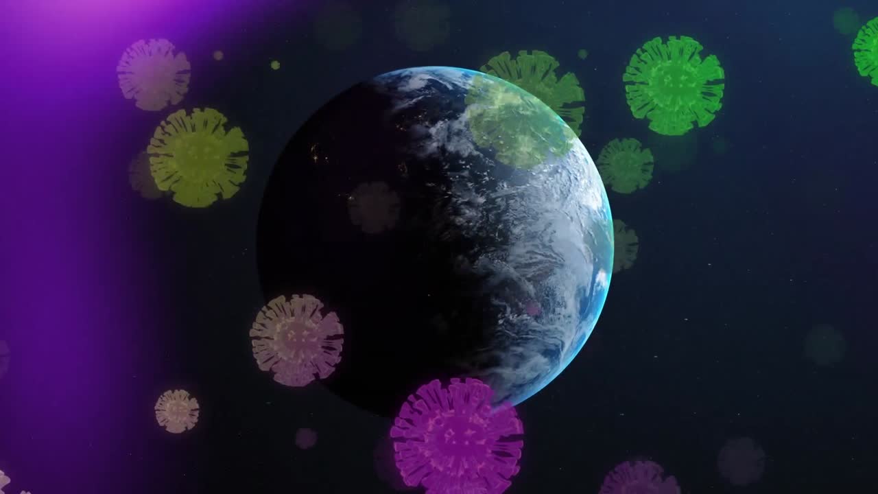 animación de células de covid 19 flotando en todo el mundo