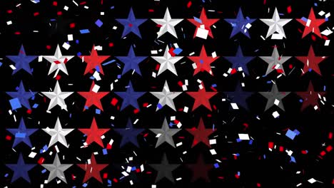 animation of red and blue confetti falling and stars on black background