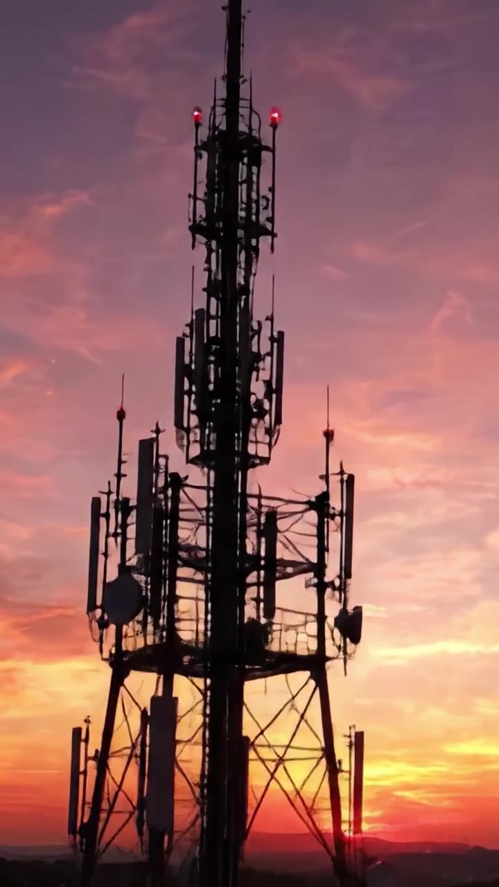 Maestose silhouette al tramonto: un'imponente struttura di comunicazione contro il vibrante cielo serale, illuminata da colori abbaglianti e avvolta in una bellezza tranquilla.