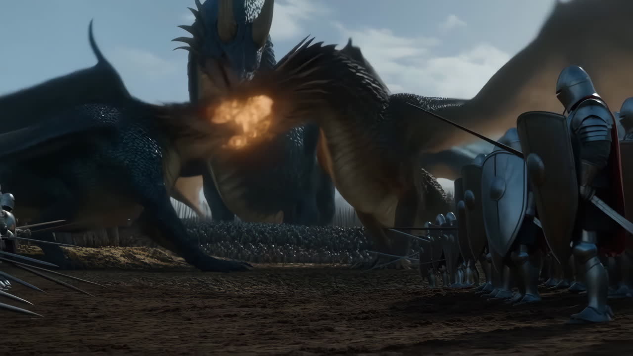 Dragons facing off against an army
