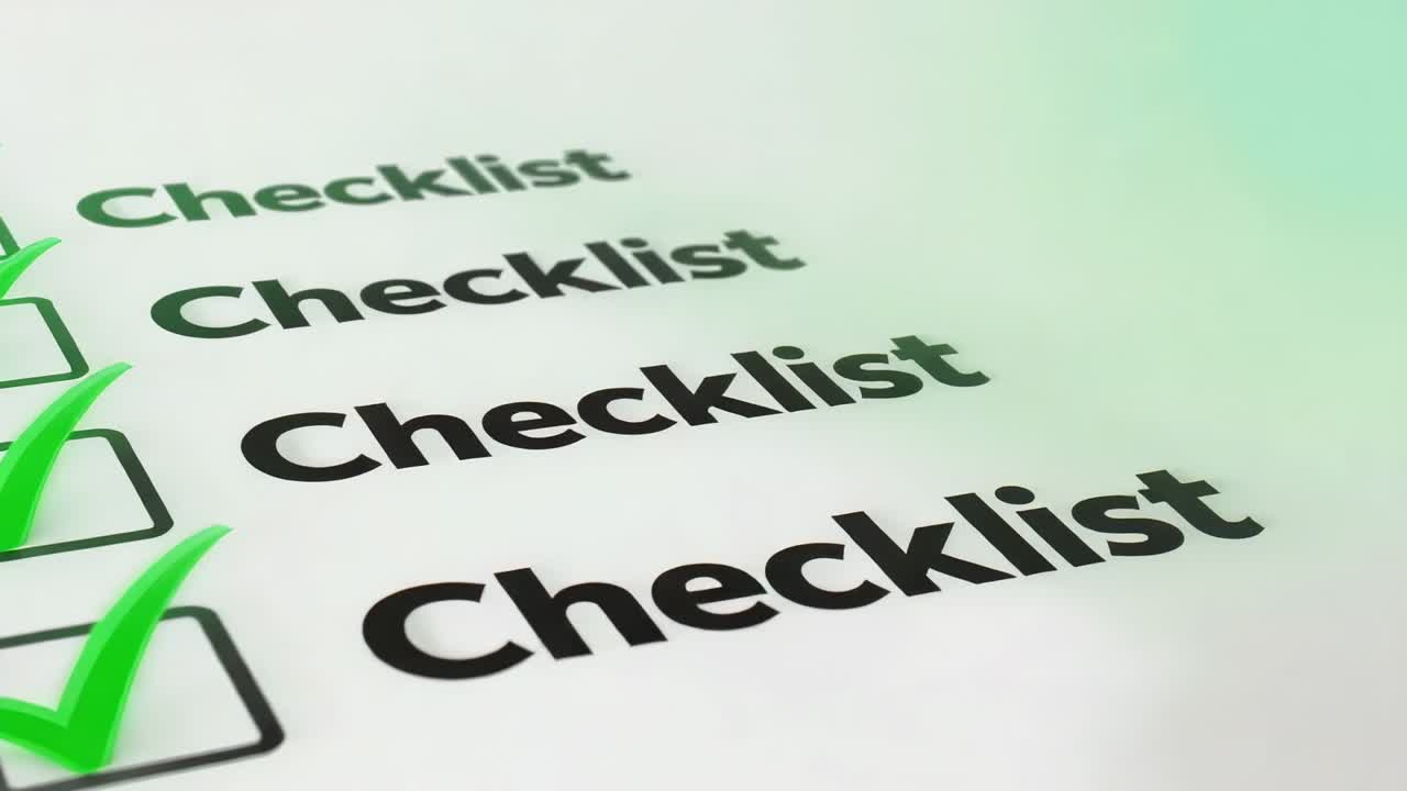 Panning camera over white sheet, revealing checklist with green ticks and enlarging Checklist text