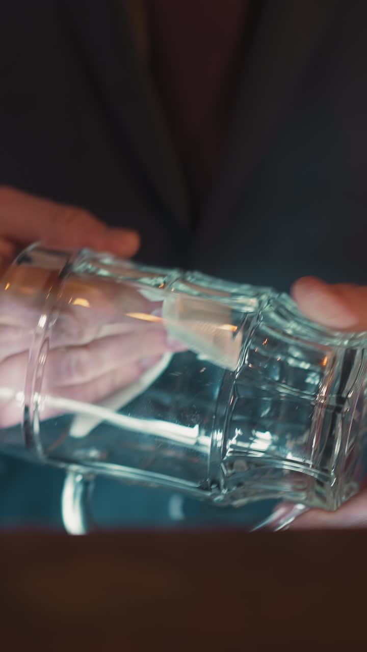 Bartender wipes glass mug standing at counter in pub closeup. Barman cleans beer cup preparing to serve guests in brewery. Restaurant employee
