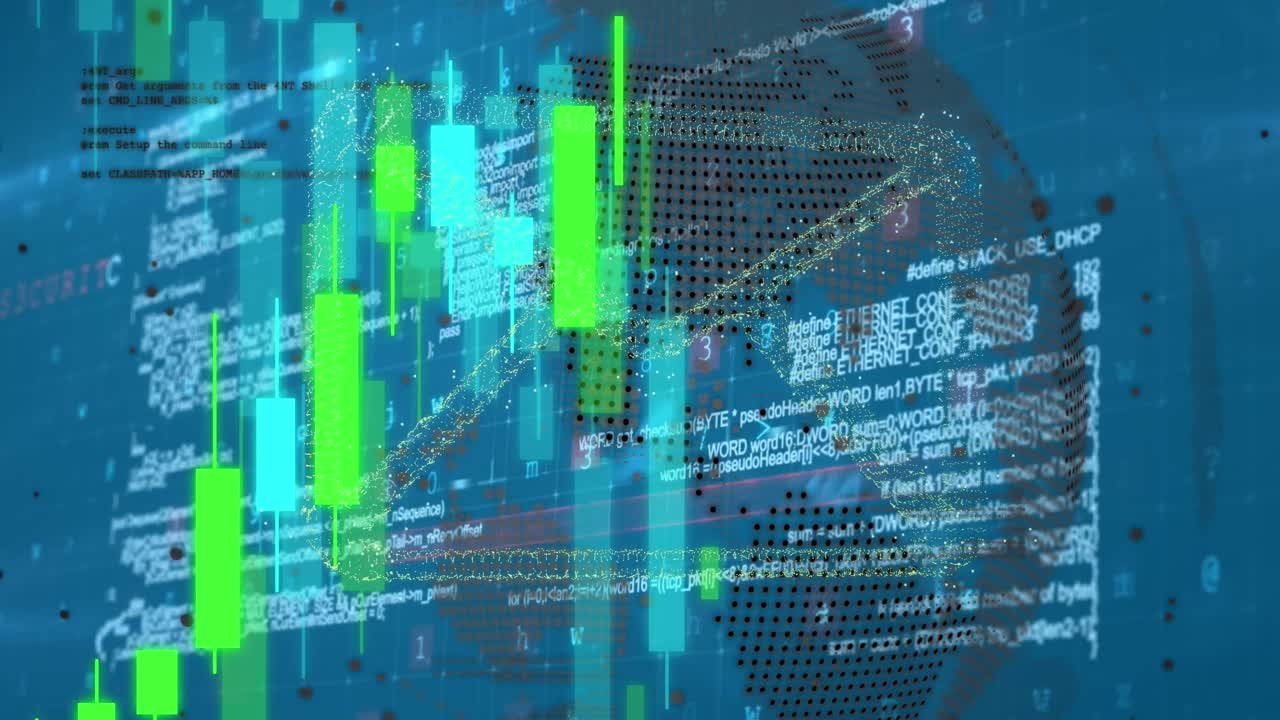 Animation of envelope icons, globe and graph over binary codes and computer language