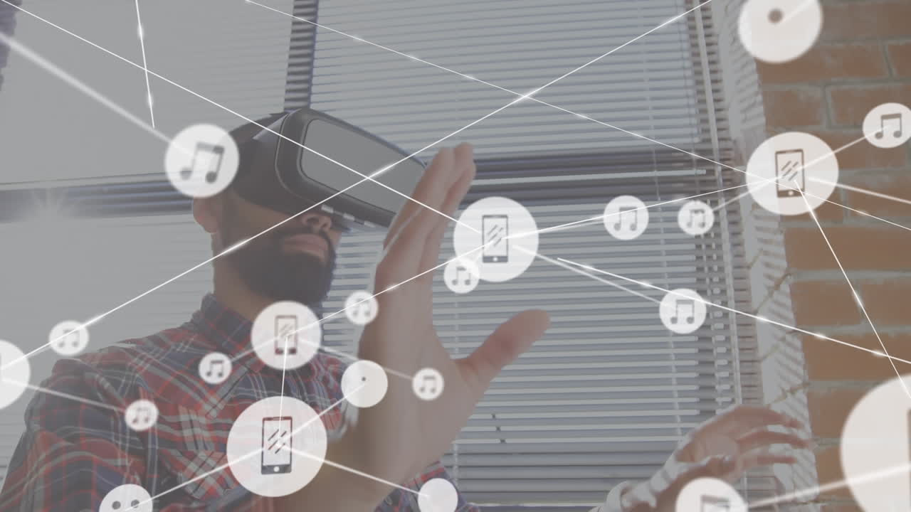 conectores en movimiento y datos digitales sobre el hombre que usa el casco vr