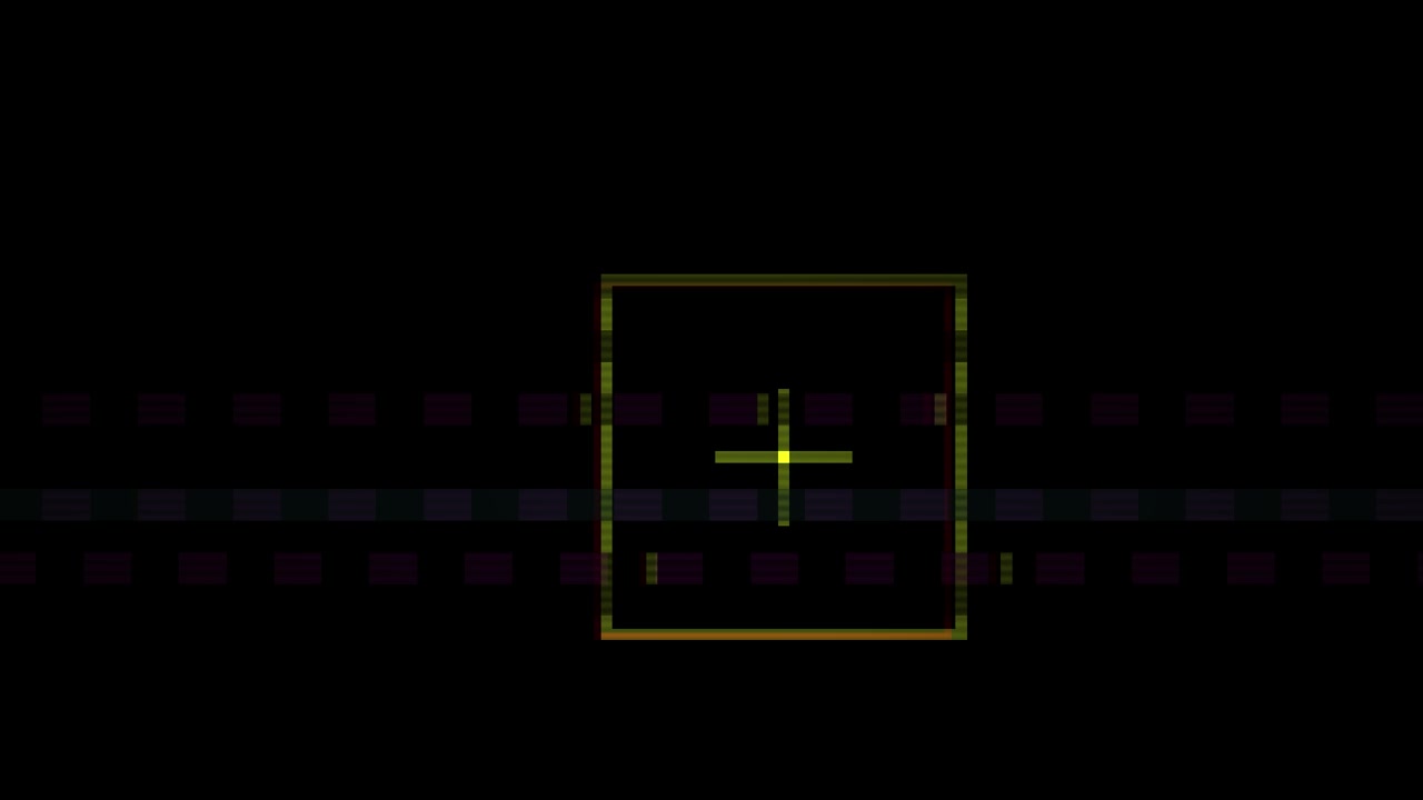 Animación de glitch de pixel art retro con cuadrado en movimiento y punto de mira