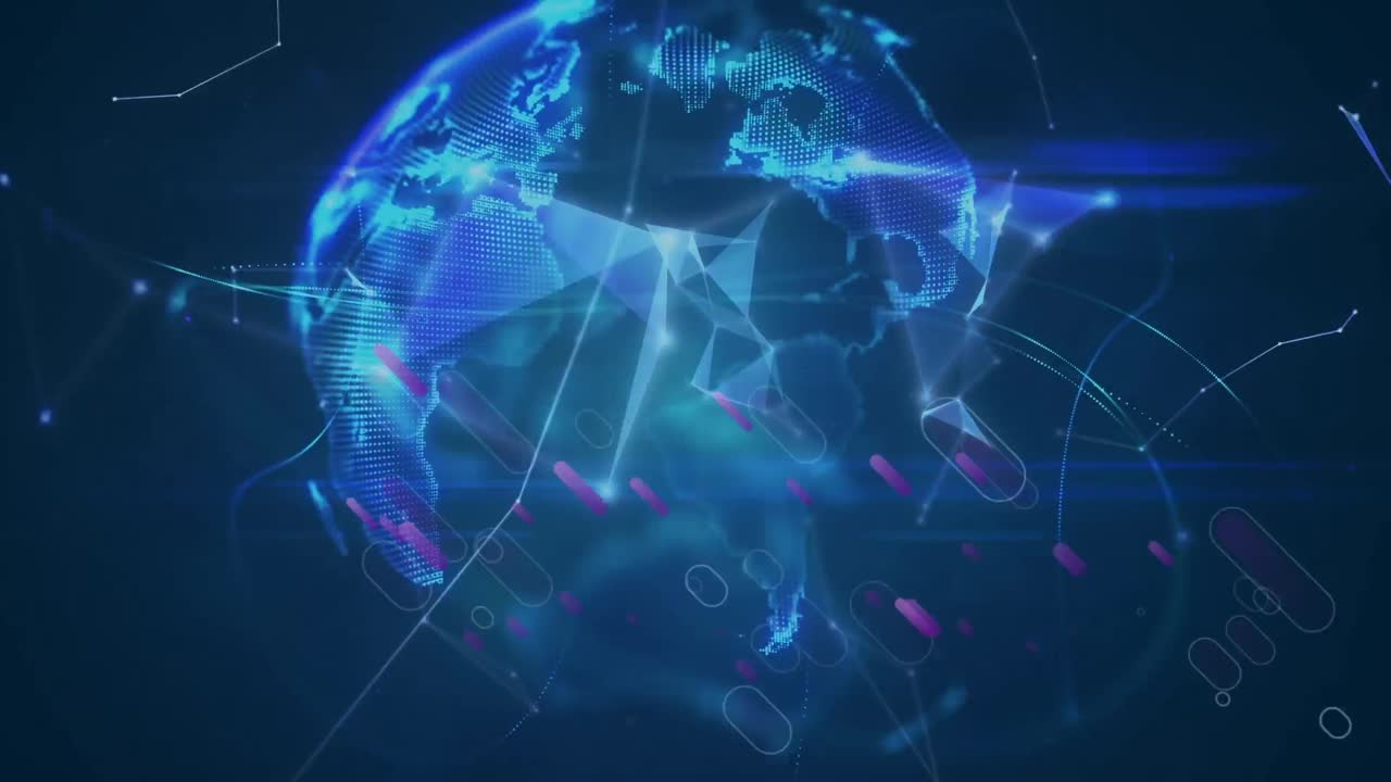 Animation of pink shapes floating over rotating globe