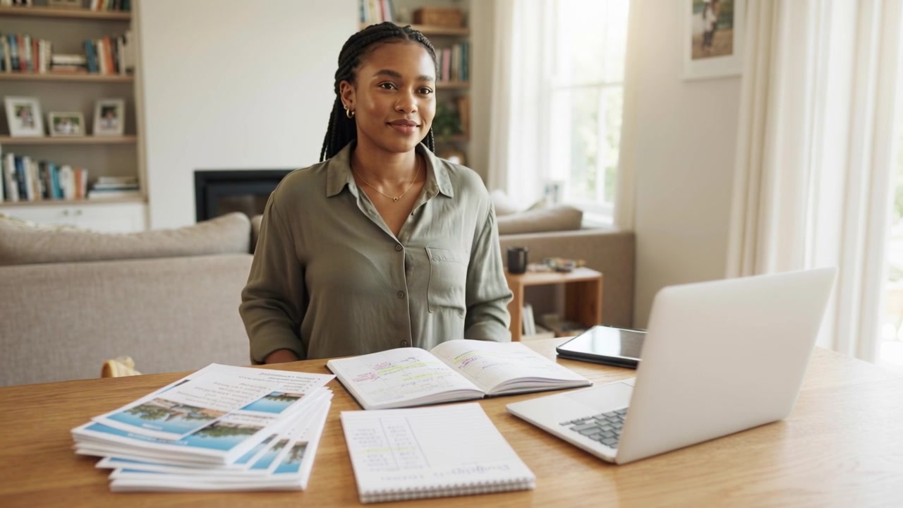 Une femme en chemise olive pointe un ordinateur portable, triant des brochures à son bureau à domicile pour une réunion.