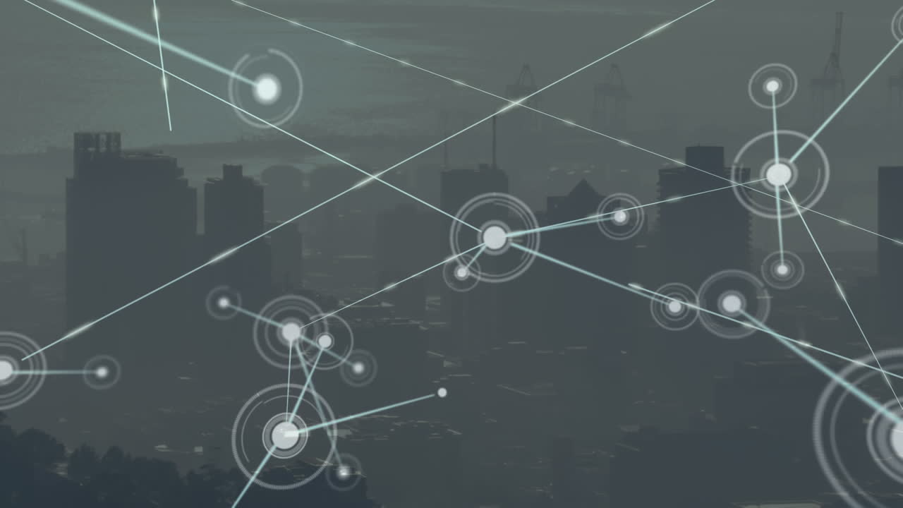 Animation of network of connections over cityscape