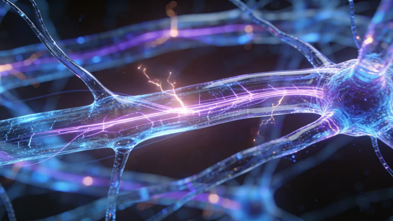 Glowing faint purple axon sending light pulses for signaling in lab view with orange synapse sparks