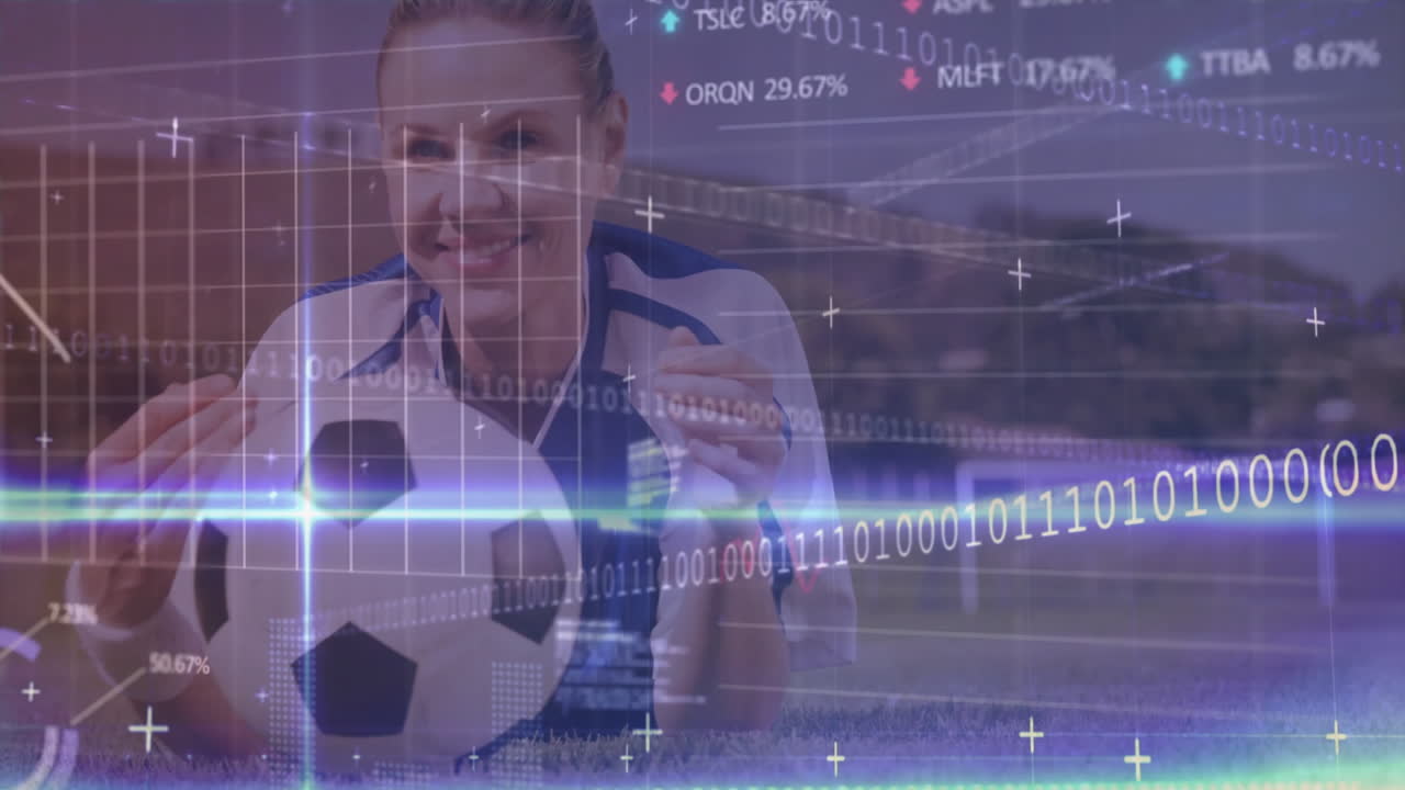 Holding soccer ball, athlete with digital animation and binary code overlay