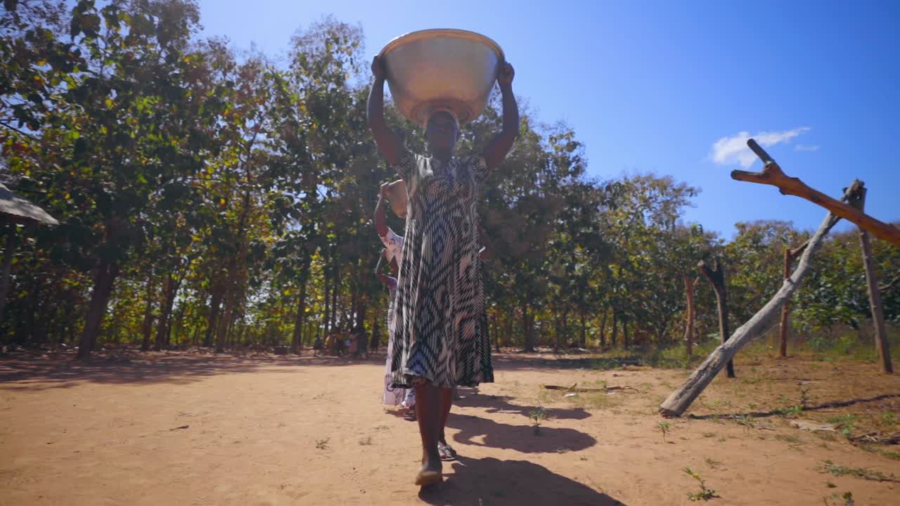 Group of local young African women and kids are carrying big heavy buckets of drinking water and bringing the water on heads towards the village walking in line in bush forest jungle Parallax shot