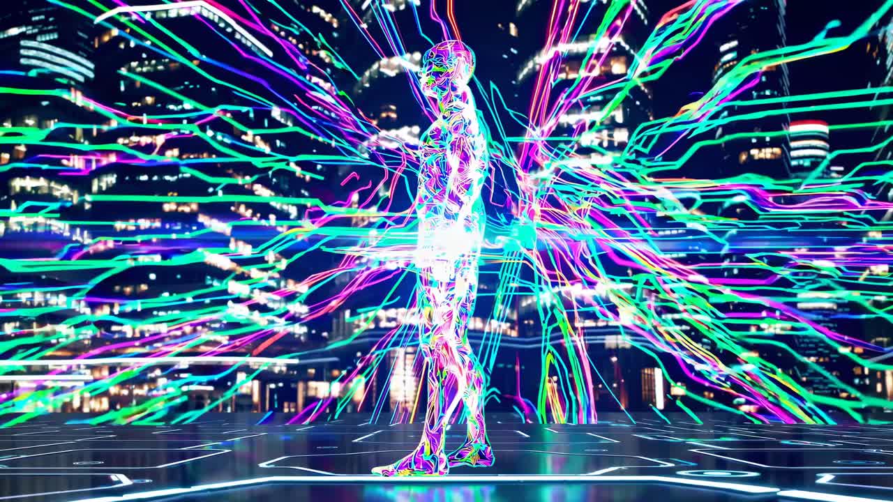 Futuristic video concept with a digital human figure amidst neon cityscape