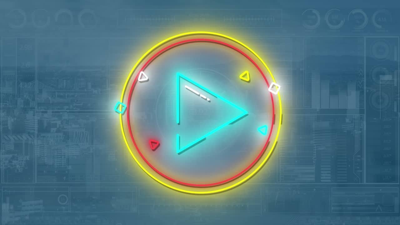 animación de flecha de neón sobre el paisaje urbano y procesamiento de datos