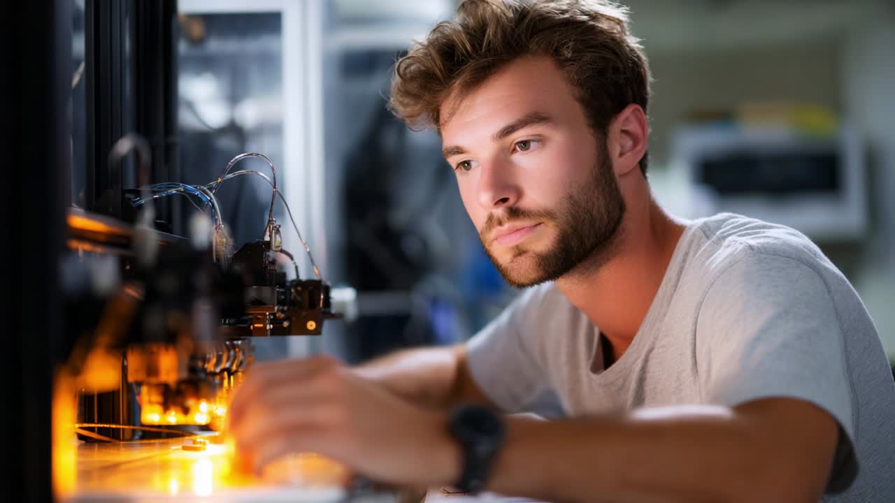 Focused Technician Working on Advanced Technology in a Laboratory Setting, Engaged in Precision Tasks with Electronics, Highlighting Skill and Knowledge in Innovative Engineering Projects