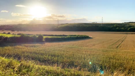 Hermoso-Campo-De-Granja-Al-Atardecer-En-Inglaterra-Con-Destello-De-Lente-Cinematográfica