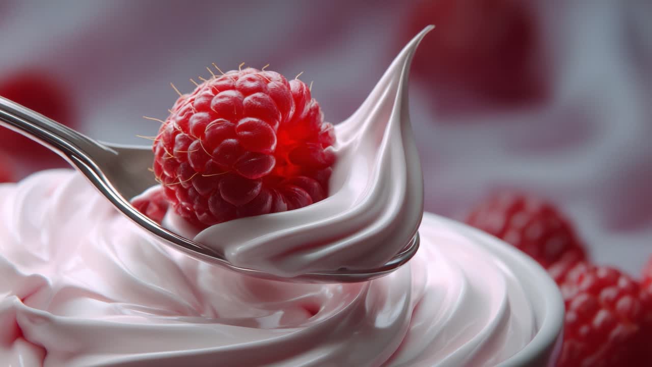 Indulging in a Creamy Delight: A Close-Up of a Spoonful of Velvety Whipped Cream Topped with Fresh Raspberries for a Delectable Dessert Experience
