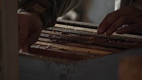 in der nähe von einem imker, der eine bienenstockkiste nimmt und geht