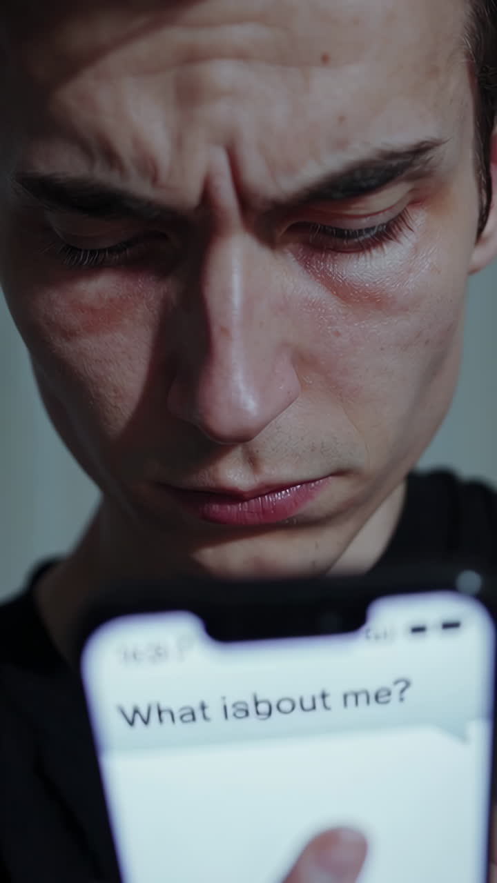 Young Man Looking at a Smartphone with a Worried Expression