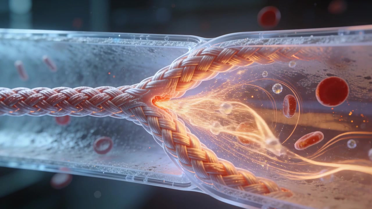 Contacting braided bundles closing in tube, forming glowing filaments and pushing red discs right