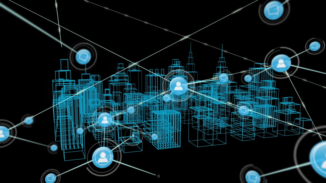Animation of network of connections with icons over 3d architectural drawing of city in background