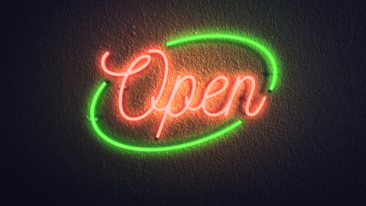 Realistic 3D render of a vivid and vibrant animated flashing neon sign, with the word Open flashing on and off, with a concrete wall background