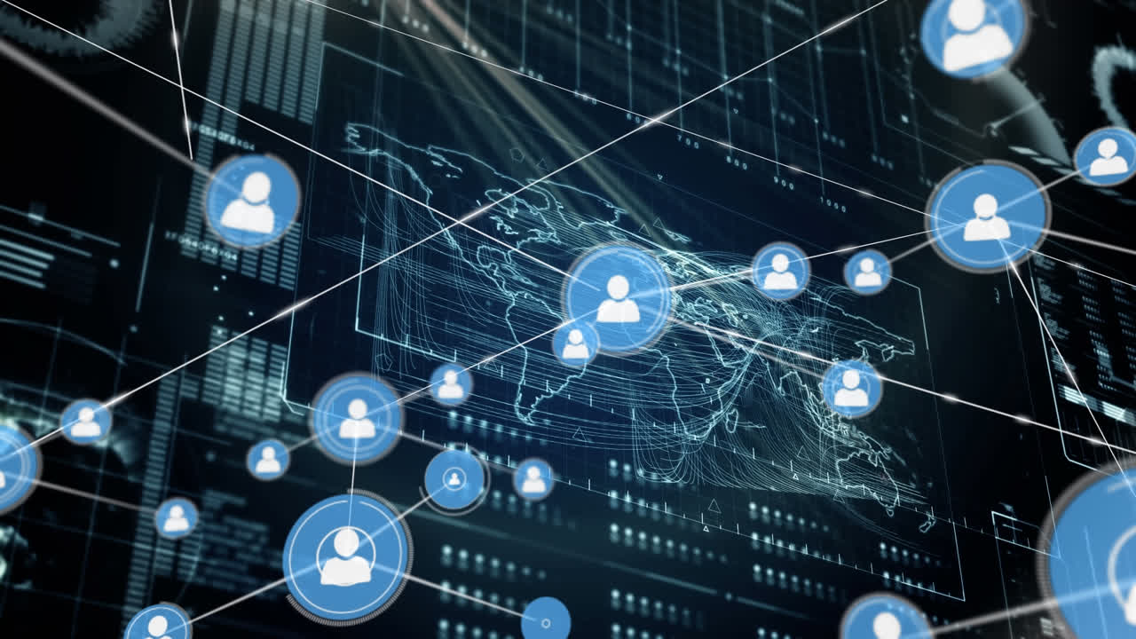 Animation of network of connections with icons over statistics