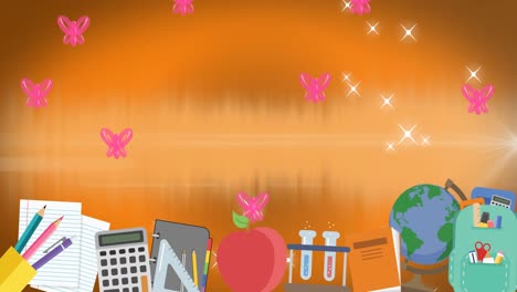 multiple school items over pink balloons and shining stars with copy space on orange background