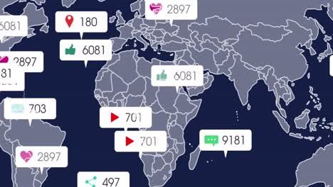 Animación-De-Iconos-De-Redes-Sociales-Flotando-Sobre-El-Mapa-Mundial-Sobre-Fondo-Azul