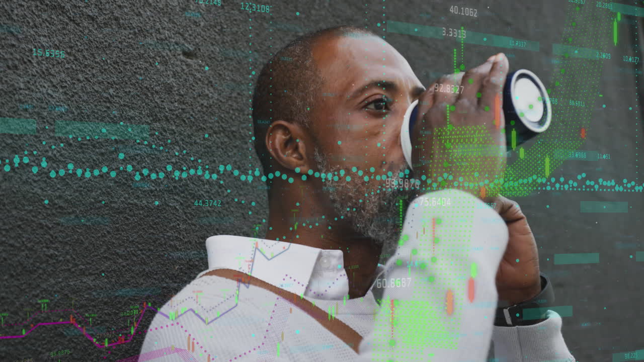 Animation of data processing over african american man drinking coffee and talking on smartphone