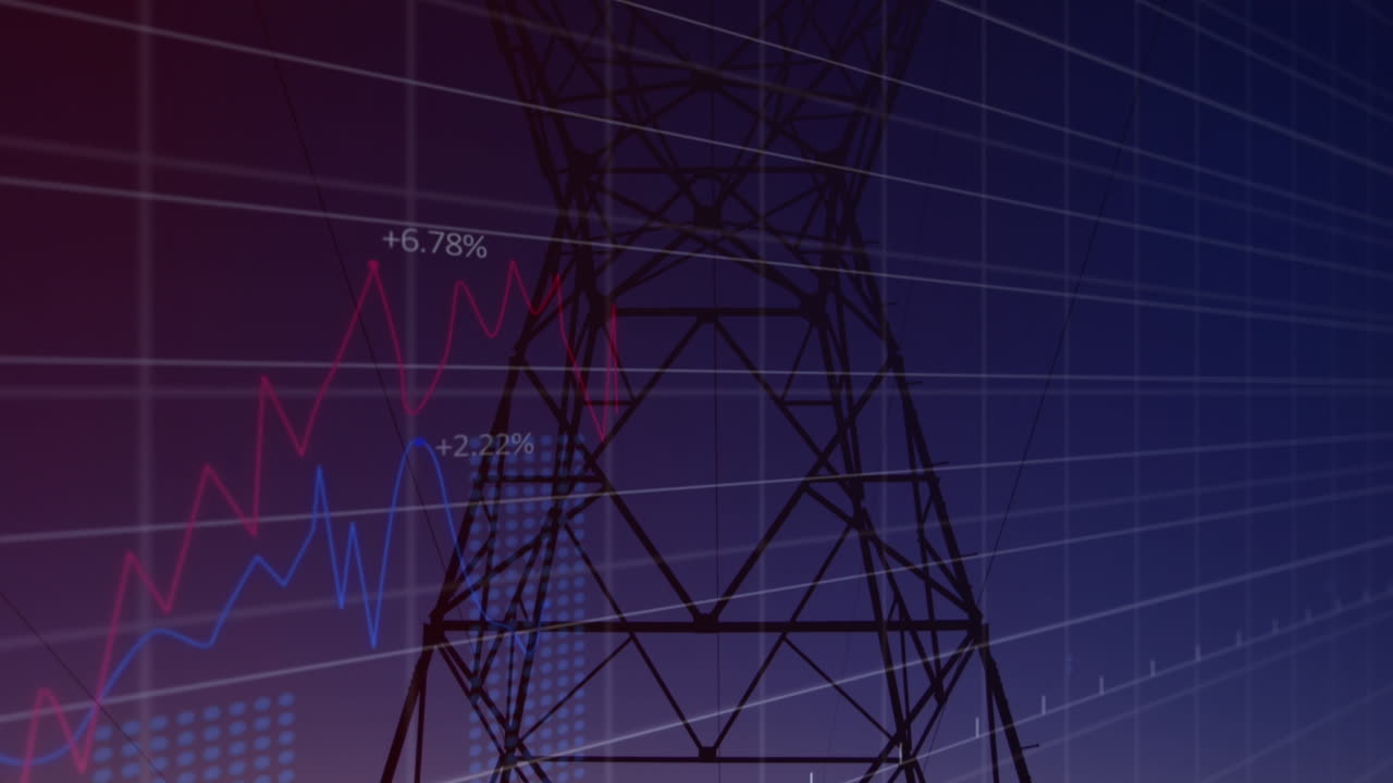 animación del procesamiento de datos estadísticos sobre la torre de la red contra el cielo al atardecer.