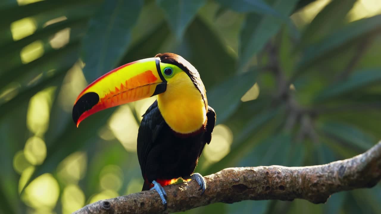 Um tucano colorido está empoleirado em um galho, exibindo seu bico impressionante e interagindo com a exuberante paisagem ao redor, personificando a beleza da vida selvagem tropical