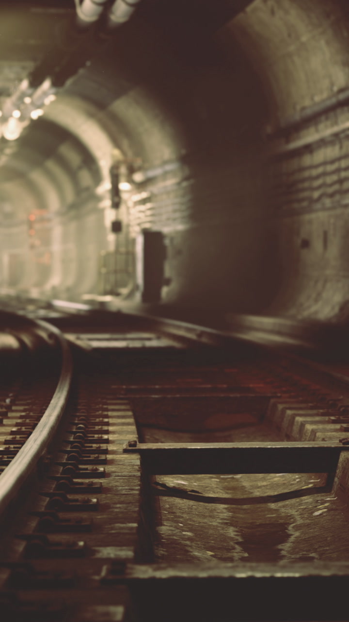 Tracks and lights in an underground subway station during evening hours