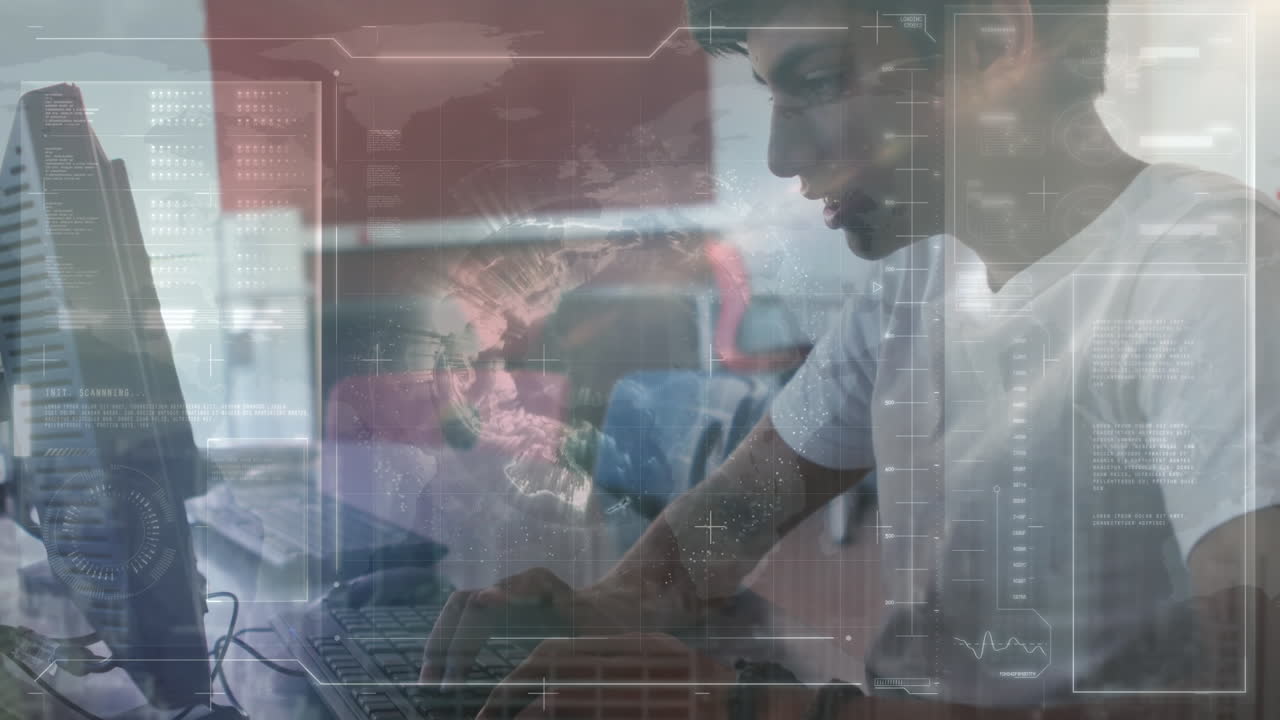 animación de conexiones con el mundo sobre un niño biracial que usa computadora en la escuela