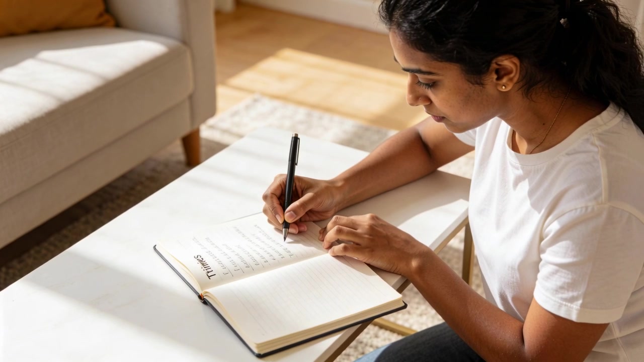 Un quaderno aperto, una donna in maglietta bianca che scrive una lista di pianificazione con una penna nera a casa, spazio per il testo.