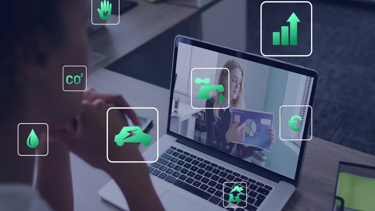 Video conferencing, person analyzing environmental data with digital icons on screen