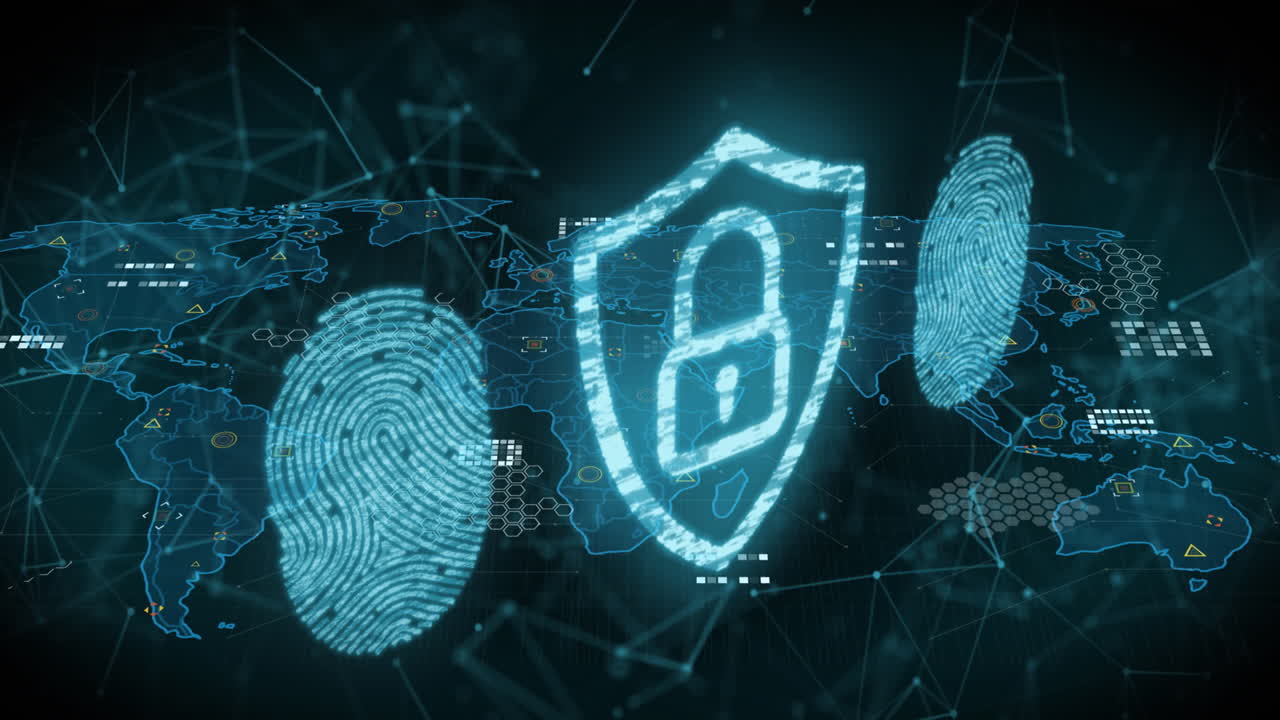 animazione di lucchetto di sicurezza online, impronte digitali biometriche e elaborazione dei dati sulla mappa del mondo