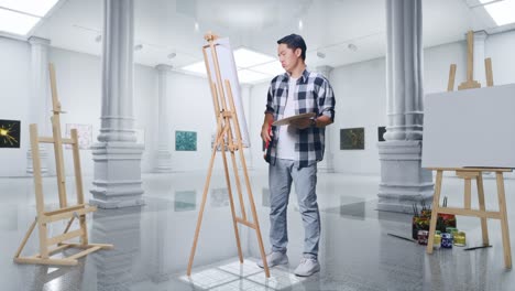 full body of asian male artist shaking his head then having a headache while painting on canvas by oil paints and brush in gallery