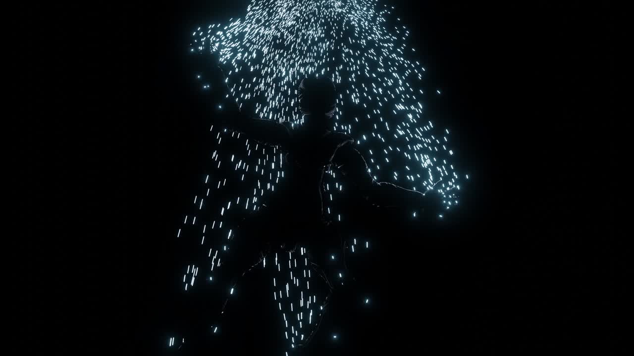 Abstract visualization of a nightmare with a man or woman falling down to nowhere, seamless loop. Design. Bad dream with a human silhouette falling with a tale of sparkles.