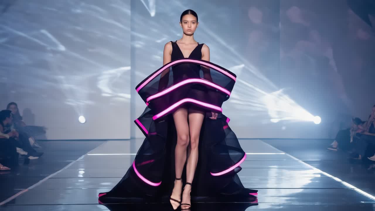 Model Showcasing a Futuristic Black Dress with Neon Accents on a Runway
