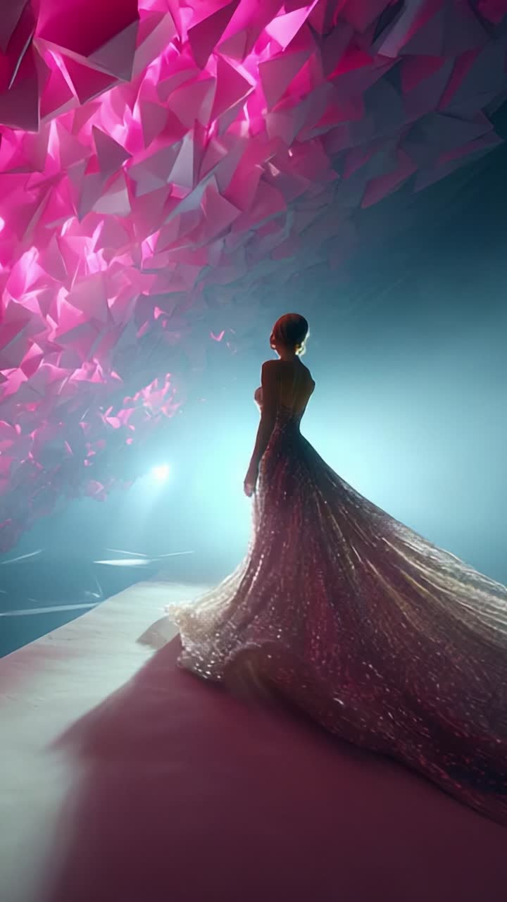 A captivating scene featuring an elegant figure adorned in a shimmering gown, set against a stunning backdrop of pink geometric shapes, radiating ethereal light