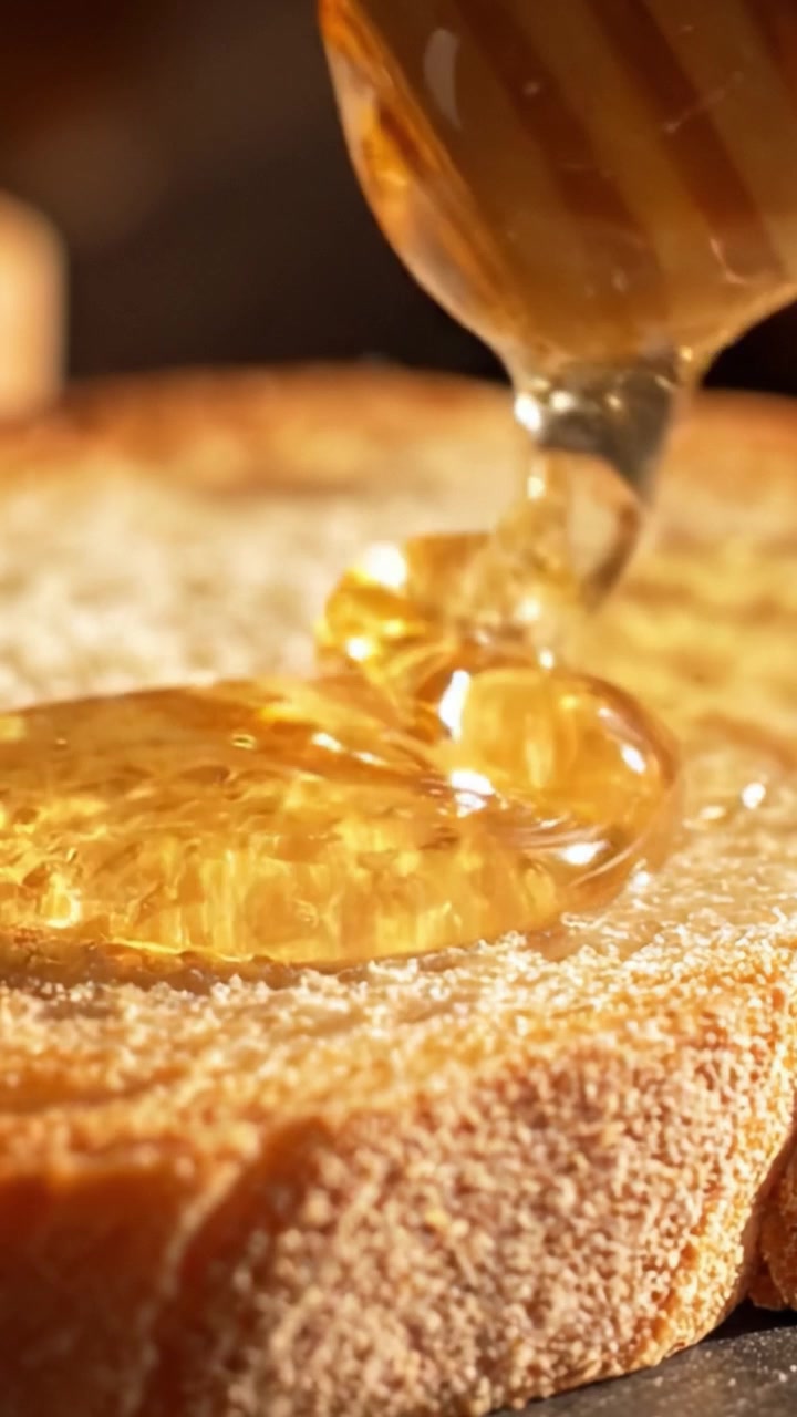 Miele dorato che cola su una fetta di pane appena tostato, evidenziando la deliziosa combinazione di dolcezza e consistenza croccante.