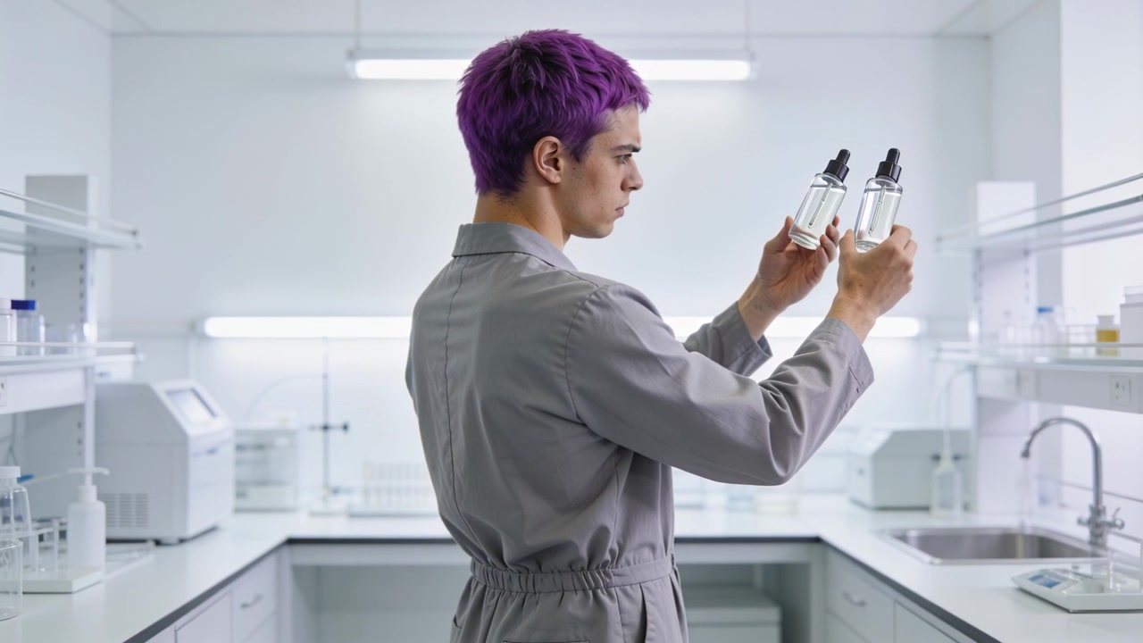 Tecnico con capelli viola in camice grigio che solleva due fiale contagocce, ruotando e confrontando i volumi sul banco di laboratorio.