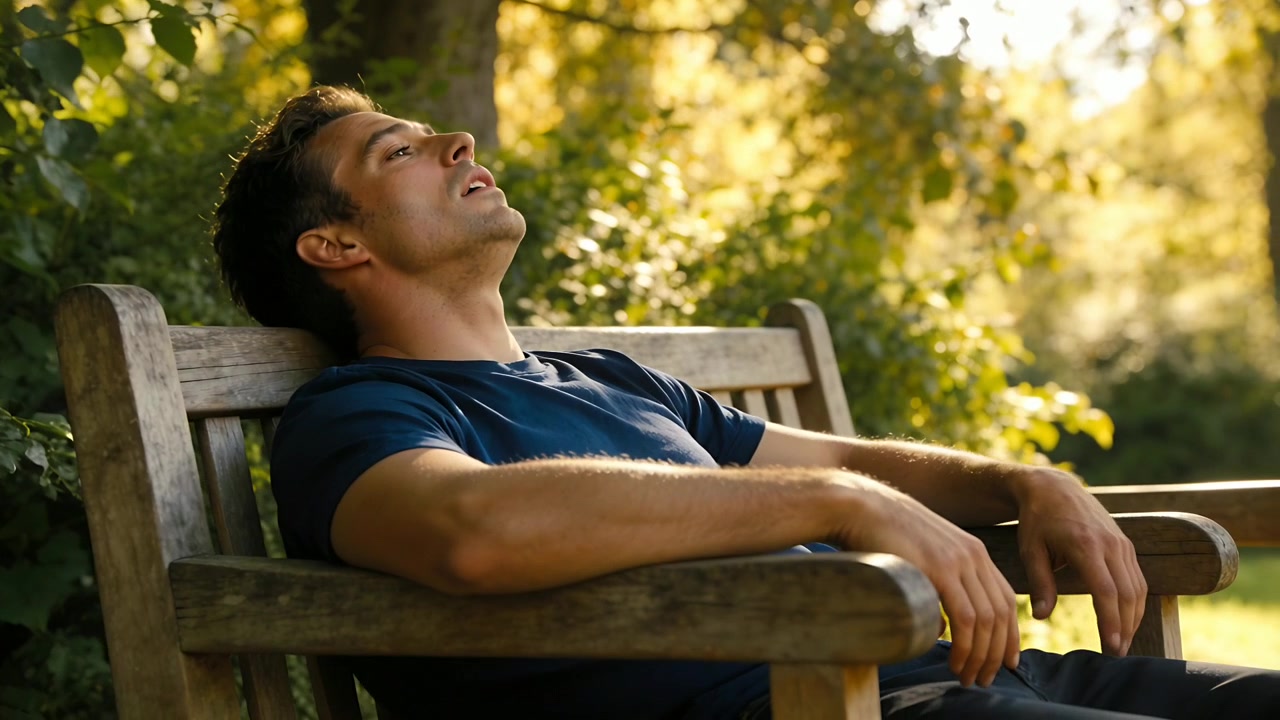 Homem relaxando com camiseta e calças azul-marinho afundando em banco de parque de madeira enquanto a luz do sol filtra