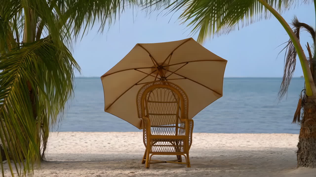 Empty Wicker Chair and Umbrella on a Tropical Beach with Palm Trees