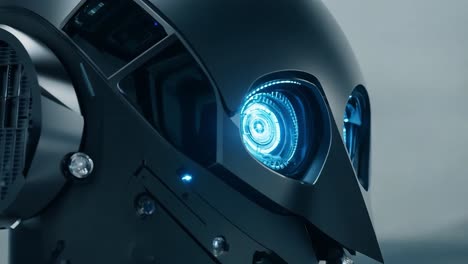 close-up of a futuristic robot's head with glowing blue eyes