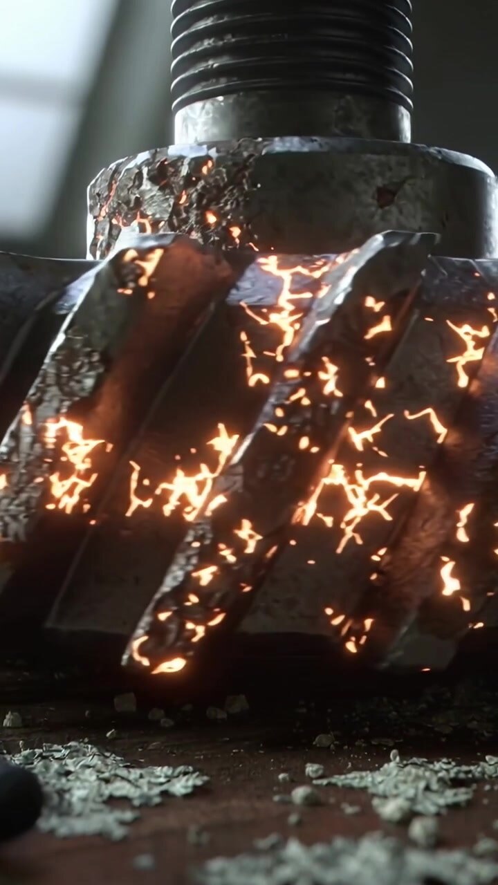 Video verticale: Ingranaggio elicoidale luminoso su albero e dado sparsi sul banco da lavoro che indicano danni.