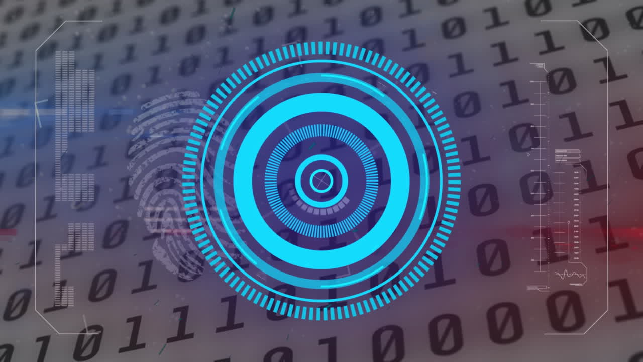 animación del círculo de procesamiento, el código binario y la huella digital en espacio digital gris
